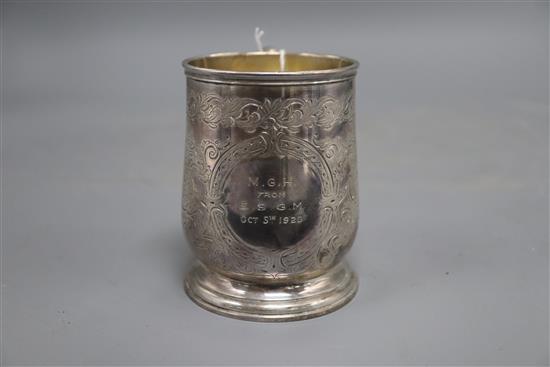 A Victorian silver christening mug with engraved inscription, Richards & Brown, London, 1867, 9.3cm, 6.5 oz.